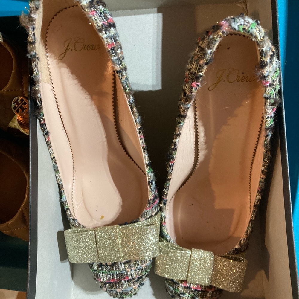 Jcrew tweed gold bow heels